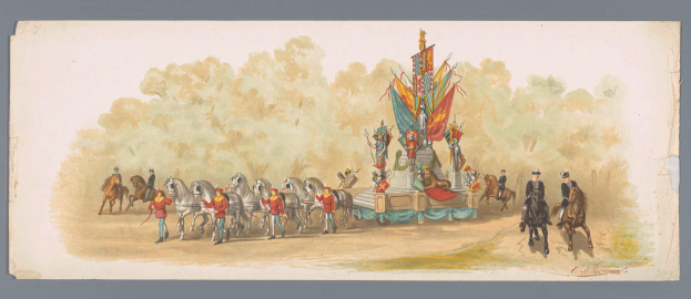 Ein Bild eines Karnevalsumzugs mit Menschen in bunten Kostümen, die auf Pferden vor einem geschmückten Schwimmbadschmuck reiten, unter einem klaren blauen Himmel mit Bäumen im Hintergrund.