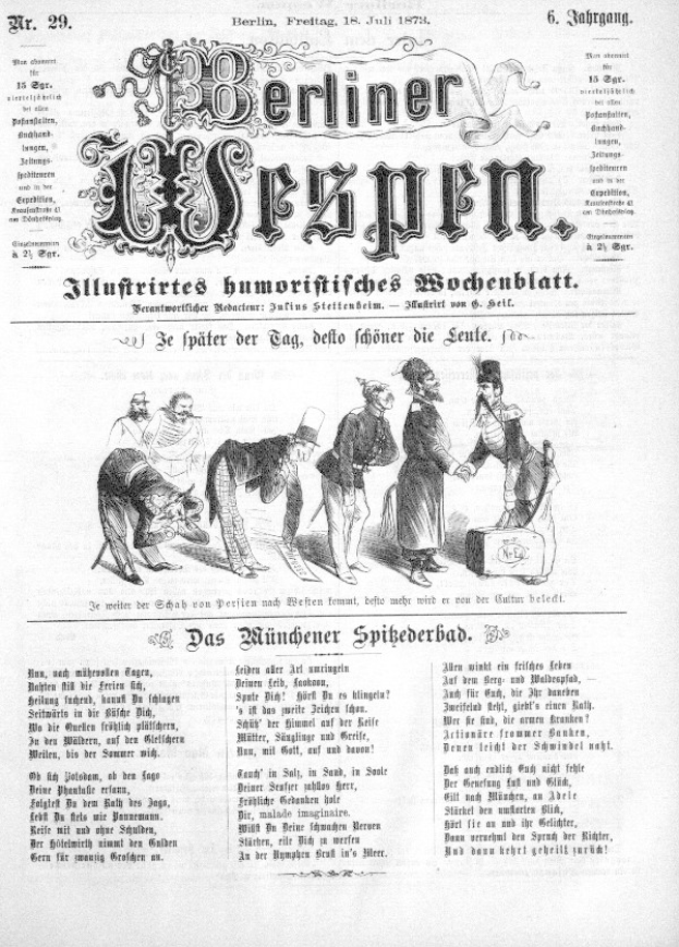 Eine alte Zeitung mit einer Karikatur eines Mannes mit Zylinder und einer Frau in einem Kleid, beide sehen besorgt aus, betitelt "Berliner Wespn, Juli 1873".