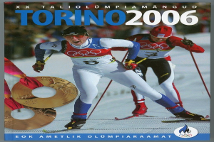 Plakat für die Olympischen Winterspiele 2006 in Turin, Italien, das zwei Skifahrer auf Schnee mit Ski-St├Âcken und dem Text "Torino 2006" über ihnen zeigt.
