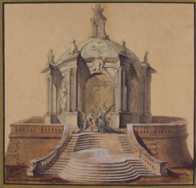 Ein gerahmtes Bild einer klassischen Brunnenzeichnung mit einer Statue darauf, umgeben von Stufen und zusätzlichen Skulpturen.