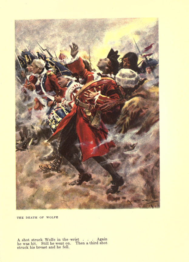 Ein Plakat, das eine Gruppe verzweifelter Menschen zeigt, einige schauen ängstlich nach oben, andere traurig nach unten, unter dem Text "Der Tod des Wolfe", in gedämpften, melancholischen Farben.