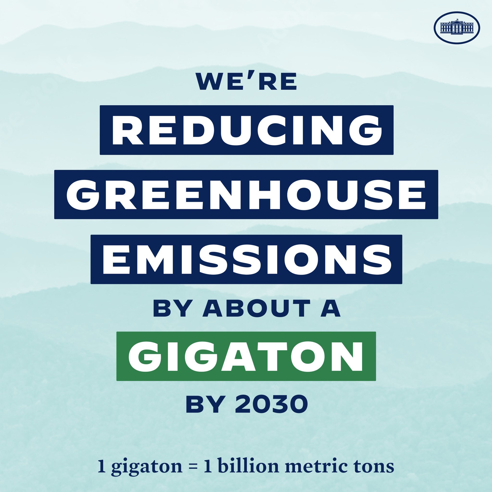 Plakat mit Text und Logo, das "Wir reduzieren die Treibhausgasemissionen um etwa eine Gigatonne bis 2030" verkündet und für eine signifikante Reduzierung der Treibhausgasemissionen bis 2030 wirbt.