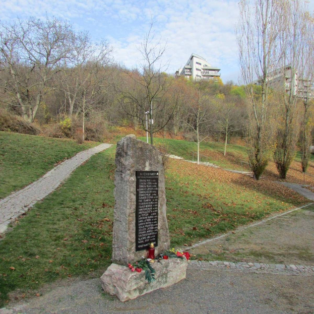 Ein Denkmal in einem Park mit einer Tafel, auf der "Denkmal für die Opfer der Tschernobyl-Katastrophe" steht, umgeben von Gras, trockenen Blättern, einem Weg, Bäumen, Pflanzen, einem Straßenmast, Gebäuden und einem bewölkten Himmel.