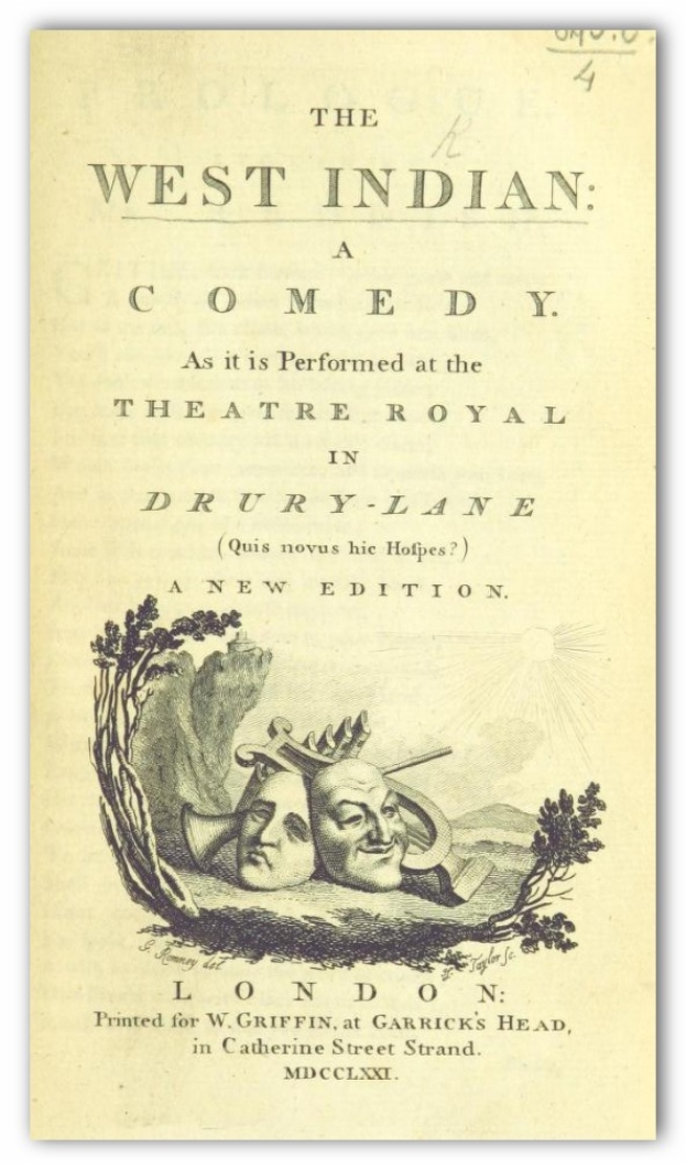 Plakat f├╝r 'The West Indian Comedy' im Theatre Royal in Drury Lane, das ein Schwarz-Wei├č-Bild eines Mannes in Zylinder und einer Frau in langem Kleid zeigt, die beide l├Ącheln und in die Kamera blicken, mit der ├ťberschrift in fetter, wei├čer Schrift.