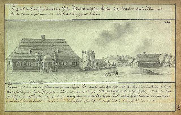 Ein altes Bild eines Hauses in einem Feld umgeben von Bäumen und Tieren, mit dem Text "1799 Deutscher Landschaft mit der Kirche St. Stephans Glaces in Stuttgart, Deutschland".