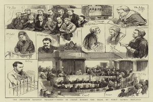 Schwarzes und weißes Gerichtsszenario mit einer stehenden Person, die ein Buch hält, einem Zug im Hintergrund und Text unten mit der Aufschrift "The Brighton Railway Tragedy - Notes in Court During the Trial of Percy Leffroy Mapleton".
