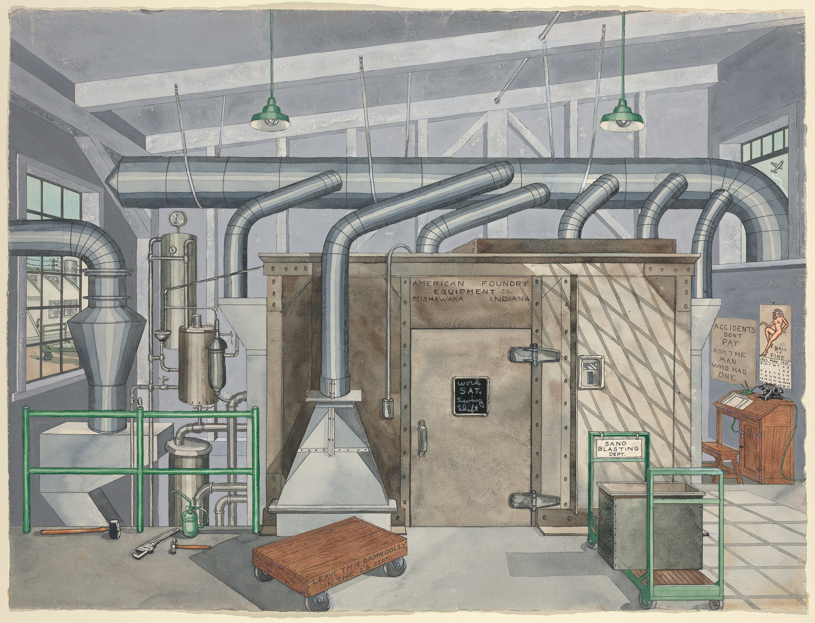 Ein detailliertes Innenansicht-Diagramm einer industriellen Fabrik, das eine zentrale Maschine zeigt, umgeben von diverser Ausrüstung, strukturellen Elementen und einer Tafel mit der Aufschrift "American Foundry Equipment Co, Indiana."