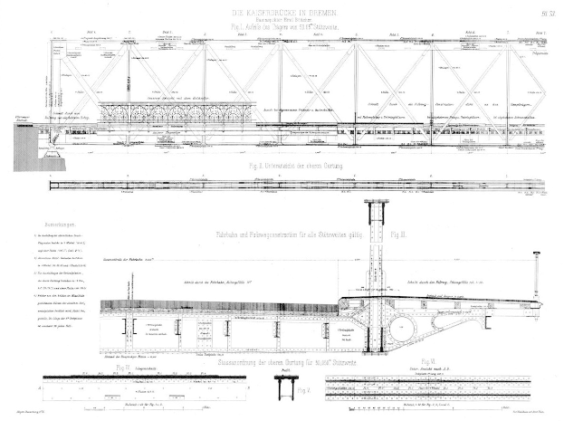Ein detailliertes Bild einer Brücke mit der Bezeichnung 'Kaiserbrücke in Bremen' und begleitendem Text auf dem Papier.