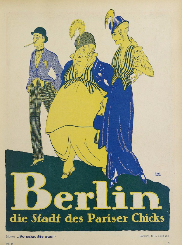 Plakatankündigung für ein Konzert in Berlin, Deutschland, mit einer Gruppe farblich gekleideter Menschen vor einem Gebäude, mit der Aufschrift "Berlin - Die Stadt des Pariser Chicks" oben.