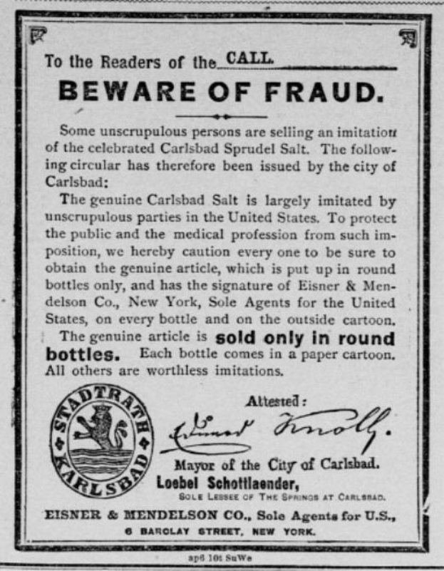 Ein Schwarz-Weiß-Plakat mit einer Betrugswarnung, das den Text "Carlsbad Spruud Salt" und ein Firmenlogo zeigt.