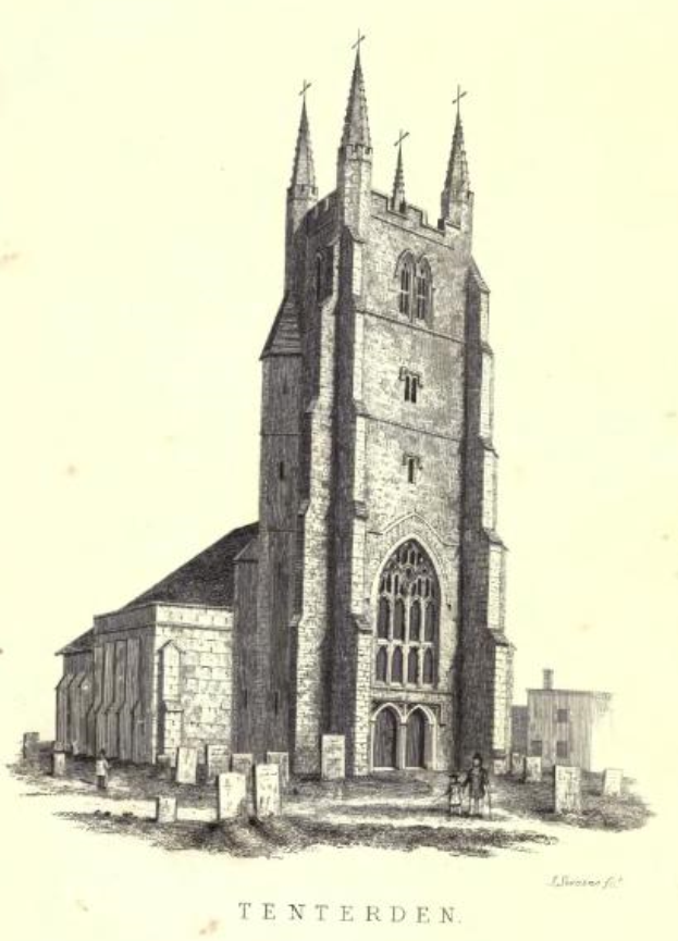Eine Gravur von St. Mary's Kirche in Tenterden, die einen Kirchturm und eine Uhr zeigt, umgeben von Gebäuden und Menschen.