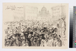 Schwarze und weiße Zeichnung einer Menge, die vor einem hohen Gebäude protestiert, mit einigen Menschen, die schreien und gestikulieren, und Farbskalen auf der rechten Seite.