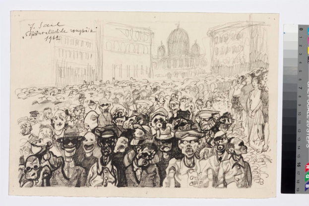 Schwarze und weiße Zeichnung einer Menge, die vor einem hohen Gebäude protestiert, mit einigen Menschen, die schreien und gestikulieren, und Farbskalen auf der rechten Seite.