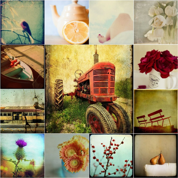 Ein Collage-Bild mit einem Fahrzeug, Boot, Teekanne, Geb√§ude, Blumen und B√§nken.