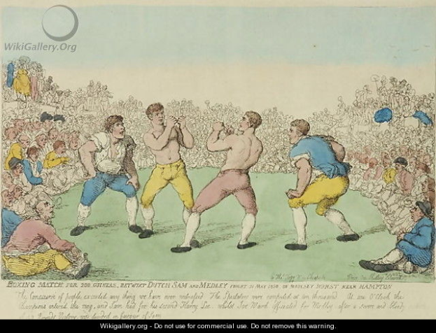 Ein Gemälde zeigt einen Boxkampf mit zwei Kämpfern, umgeben von Zuschauern, und Text unten mit der Aufschrift "Boxkampf um 20 Guineas, Wetten auf Dutch Sam und Medley".