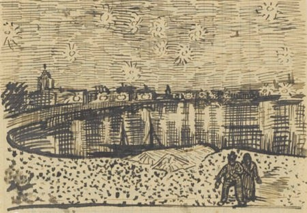 Zwei Personen stehen auf einer Papierzeichnung und schauen auf eine Stadtlandschaft mit einer Brücke im Hintergrund und einem sichtbaren Himmel, mit Text unten.