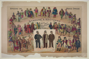 Eine Seite voller Bilder von Männern und Frauen in Kleidung aus dem frühen 20. Jahrhundert, einschließlich Strouse & Brothers High Art-Stilen, begleitet von beschreibendem Text.