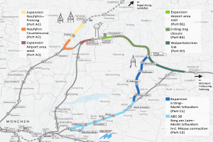 Eine detaillierte Stadtkarte, die eine Zugroute von München nach Frankfurt hervorhebt, zeigt Haltestellen, umliegende Gebiete und Text mit Informationen zur Länge, Entfernung und Sehenswürdigkeiten des Zugs.
