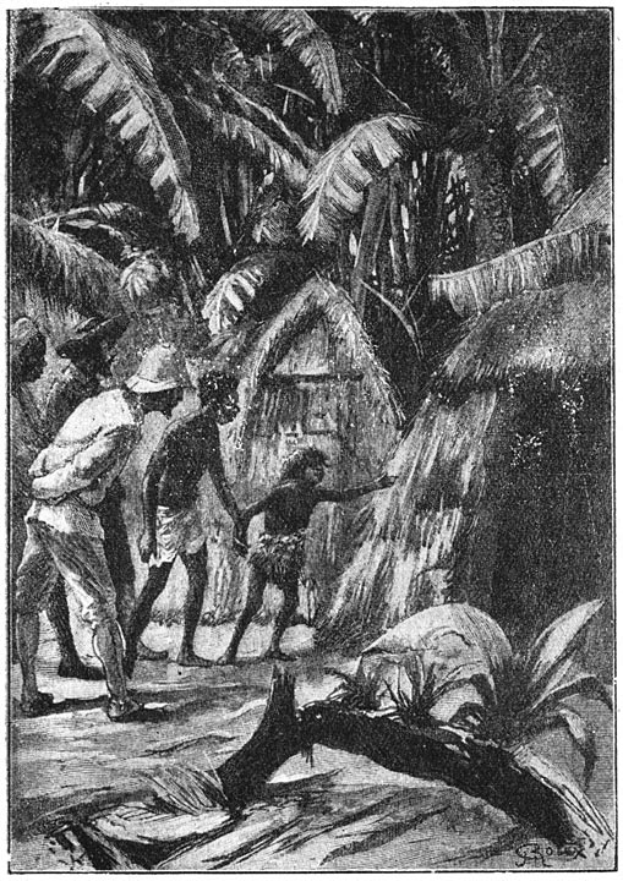 Eine Schwarz-Weiß-Illustration einer Gruppe von Menschen in traditioneller Kleidung, die in einem Kreis in einem Dschungel stehen, mit hohen, üppigen Bäumen, kleinen rustikalen Hütten und einem tiefblauen Himmel mit verstreuten weißen Wolken im Hintergrund; Text unten lautet "Die Geschichte des Dschungels".