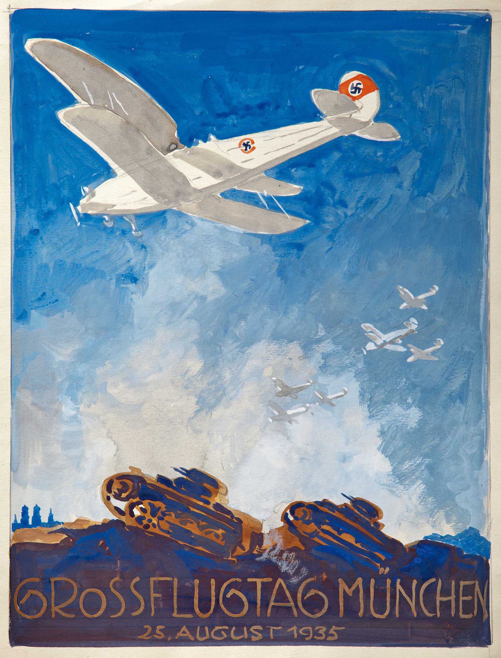 Plakat zur Ankündigung des Grossflugtags München am 25. August 1935, das ein Flugzeug am Himmel mit anderen Flugzeugen im Hintergrund zeigt.