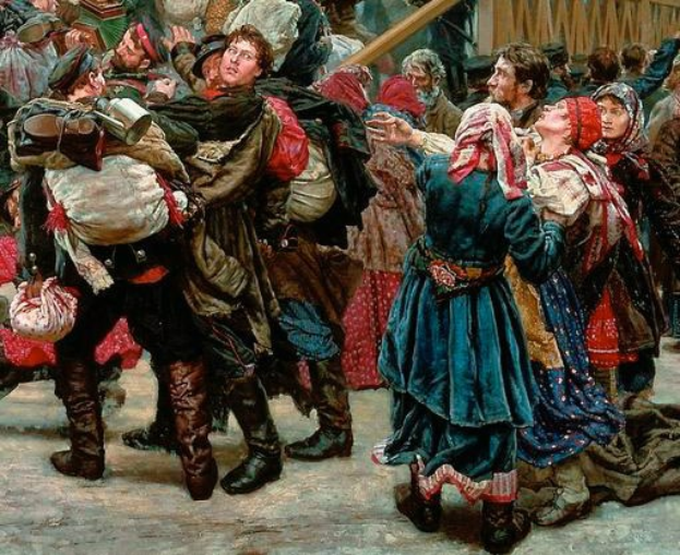 Gemälde zeigt eine lebhafte Gruppe von Menschen in traditioneller russischer Kleidung, einige halten Gegenstände, vor einer Menge mit einem hölzernen Haus im Hintergrund, das an eine Szene aus der russischen Revolution erinnert.