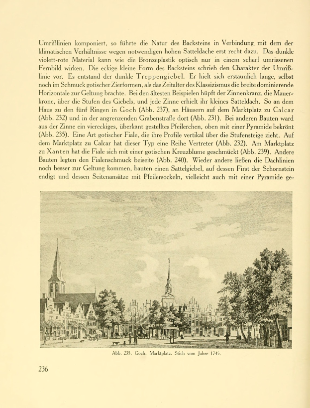 Ein aufgeschlagenes Buch mit einer Illustration einer Stadtansicht mit Geb├Ąuden, B├Ąumen und Menschen, begleitet von beschreibendem Text.