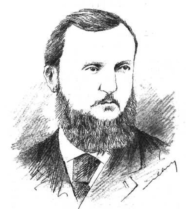 Ein Schwarz-Weiß-Zeichnung eines bärtigen Mannes in Anzug und Krawatte, der als Vladimir Lenin identifiziert wird.