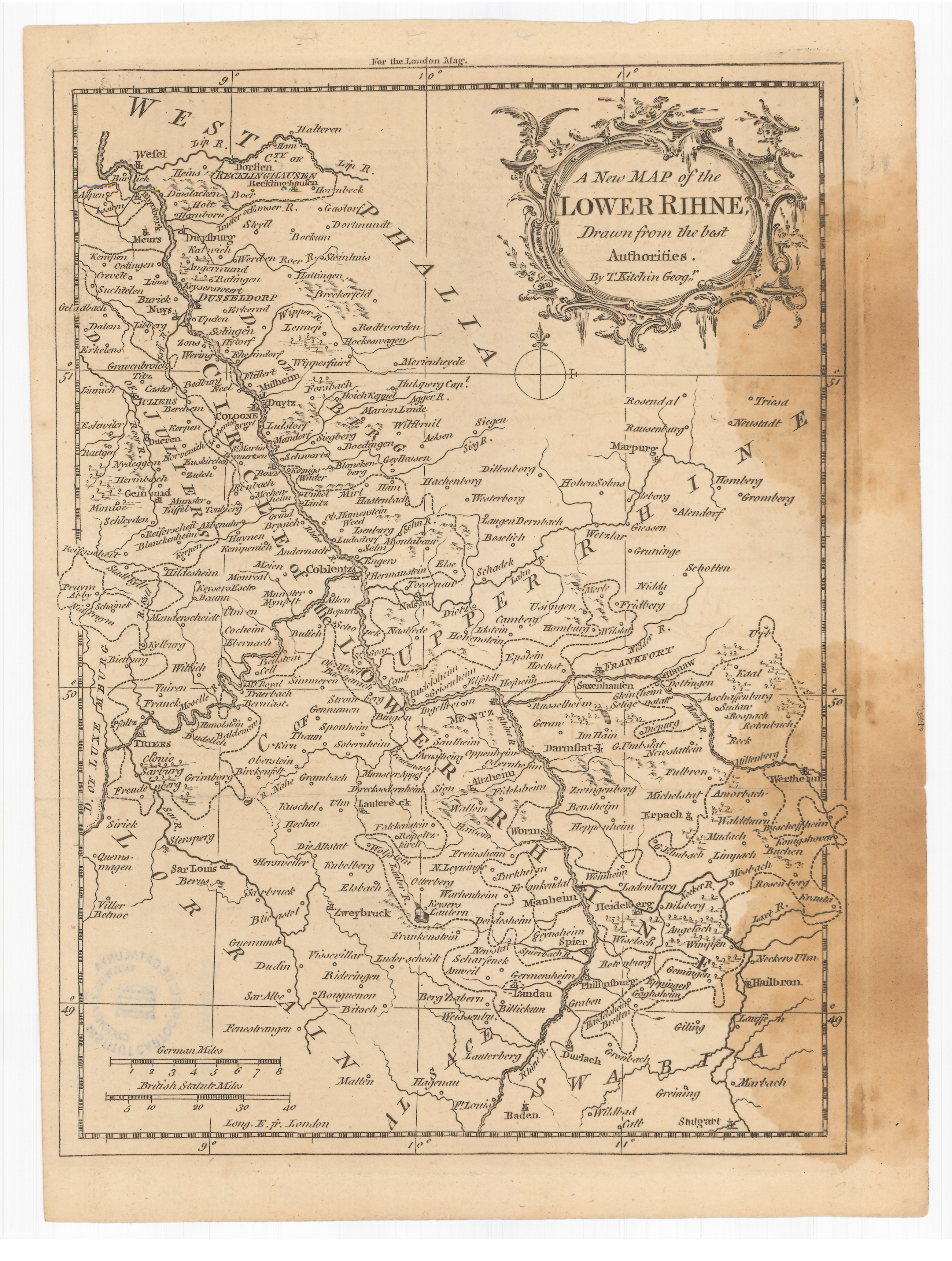 Ein detaillierter alter Plan des Niederrheingebiets, der geografische Merkmale wie Flüsse, Berge und Städte zeigt, mit Text in einer klassischen Schriftart.